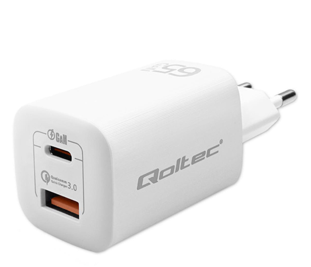 QOLTEC Ładowarka sieciowa 65W GaN ULTRA | 5-20V | 2.25-3.25A | 1 x USB typ C PD | 1 x USB QC 3.0 | Biała 50765 - 1213314 - zdjęcie 2